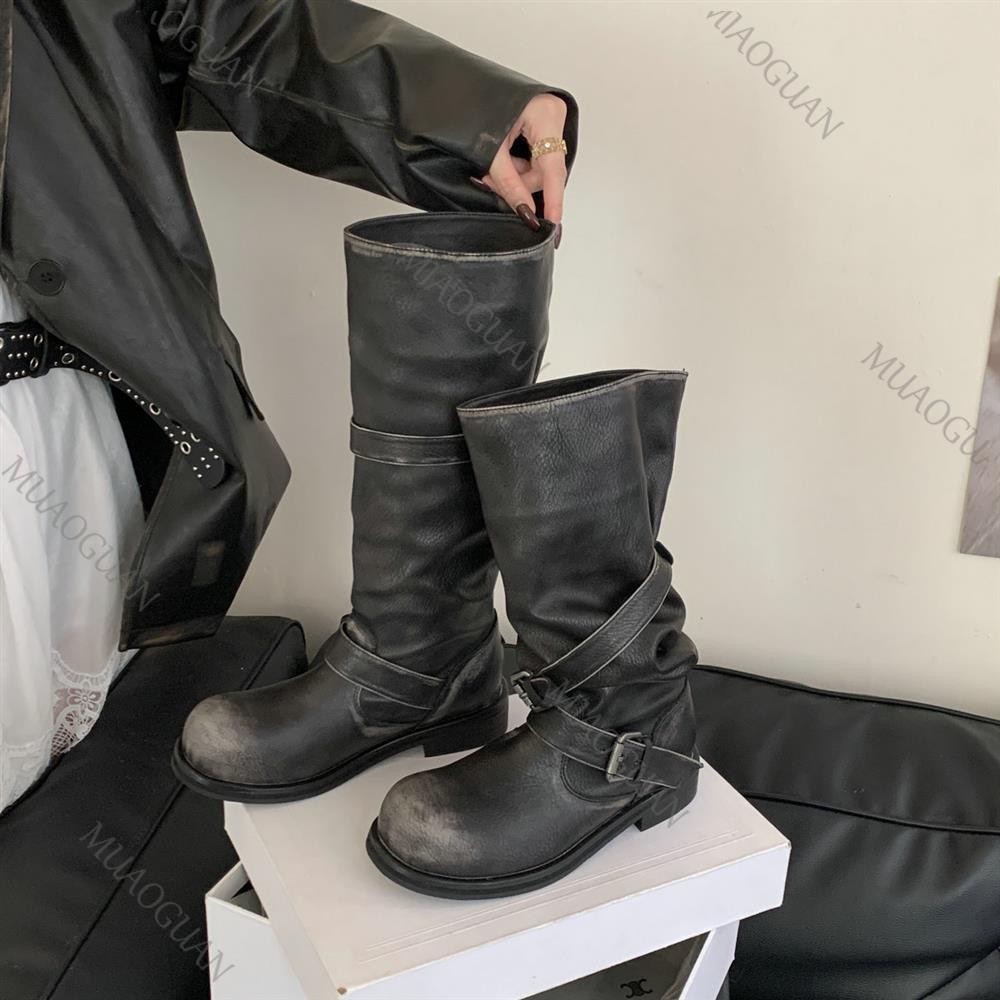 Leather Classic Strap - Frühling Herbst Chunky Heel Oberschenkel Hohe