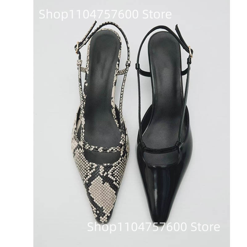 Leather Classic Strap - Damen Slingback Spitze Zehen Niedrige dünne